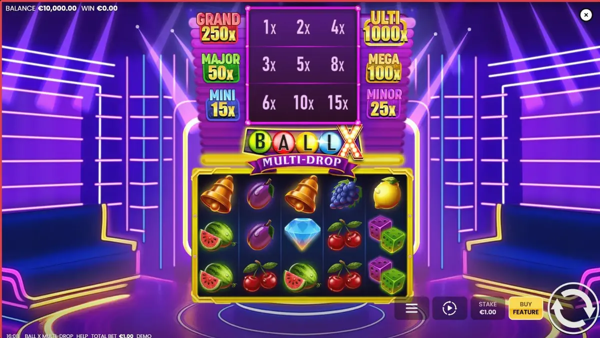 Interface neon do slot Ball X Multi-Drop com símbolos clássicos e painel de jackpots